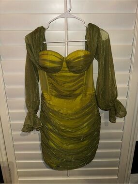 Olive Green Ruched Mesh Mini Dress with Bishop Sleeves
